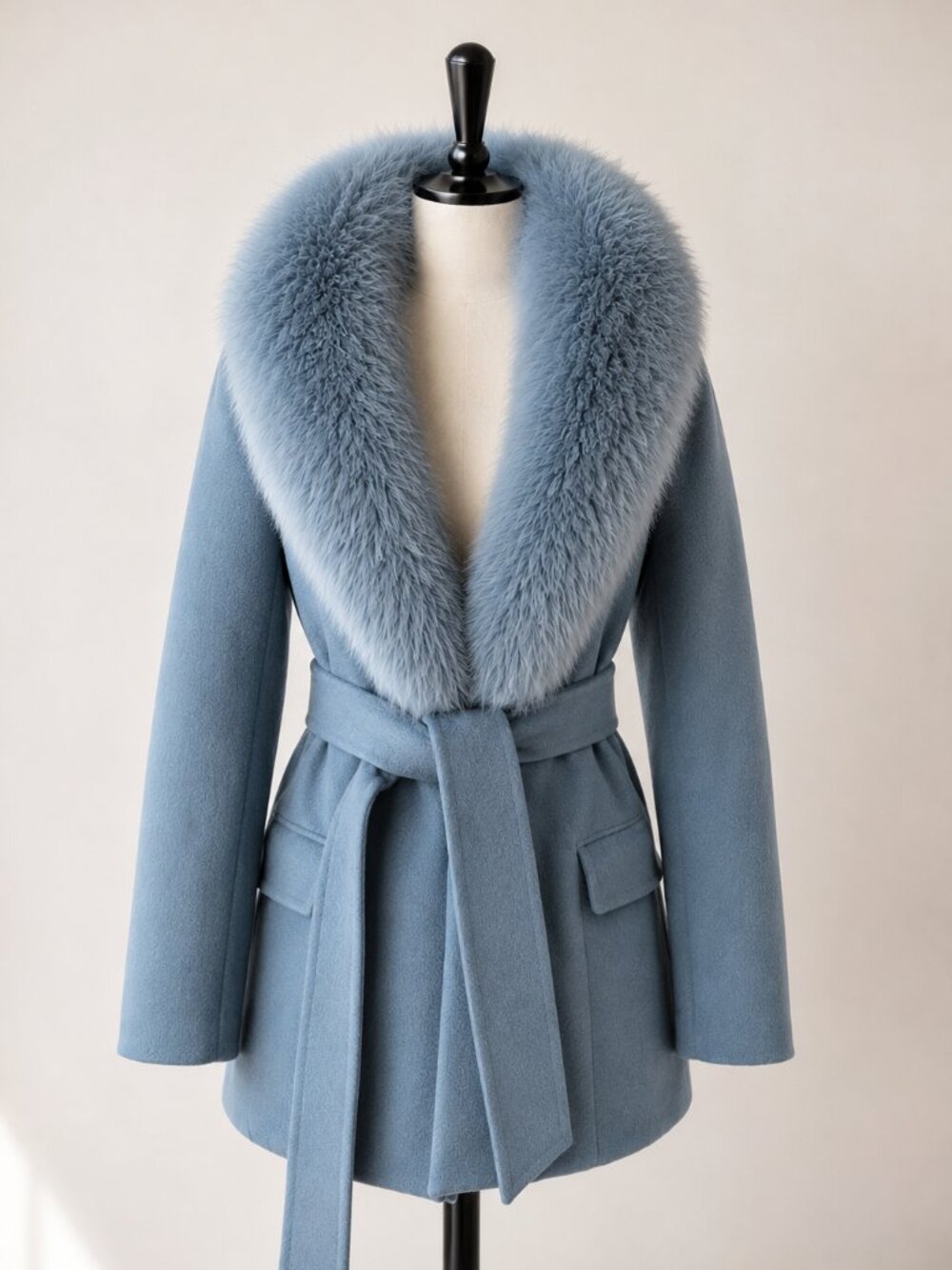 Prada Milano Blue Wool Coat with Fur Collar & Belt